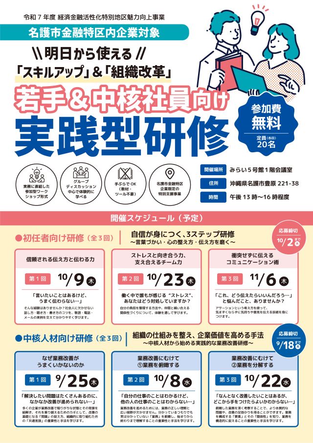 令和7年度　経済金融活性化特別地区魅力向上事業　若手＆中核社員向け実践型研修　　参加者募集